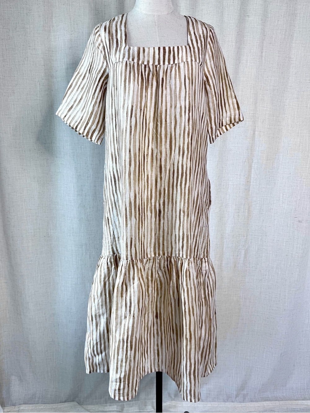 All That Remains Limited Edition Linen Stripe Drop Waist Midi Dress Tan Ivory 8